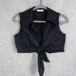 Dissh Linen Tie Front Sleeveless Crop Top Black Womens Size10 Minimalist Coastal